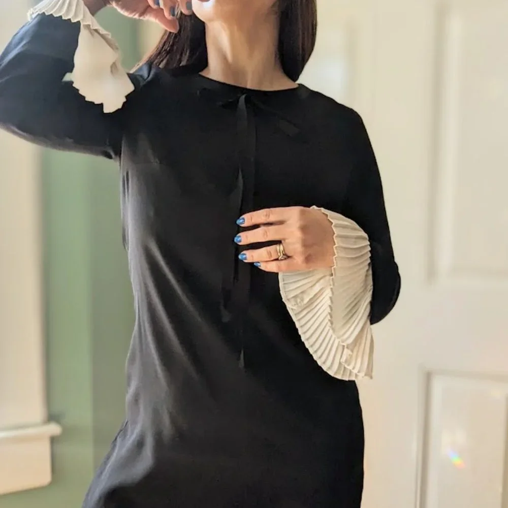 Nanette by Nanette Lepore Black Mini Dress with Cream Pleated Sleeves - Picture 3 of 7